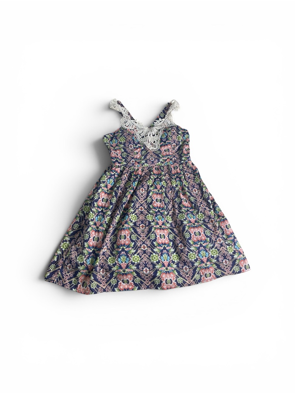 City Triangles Navy Floral Mini Dress with White Lace Trim size 7